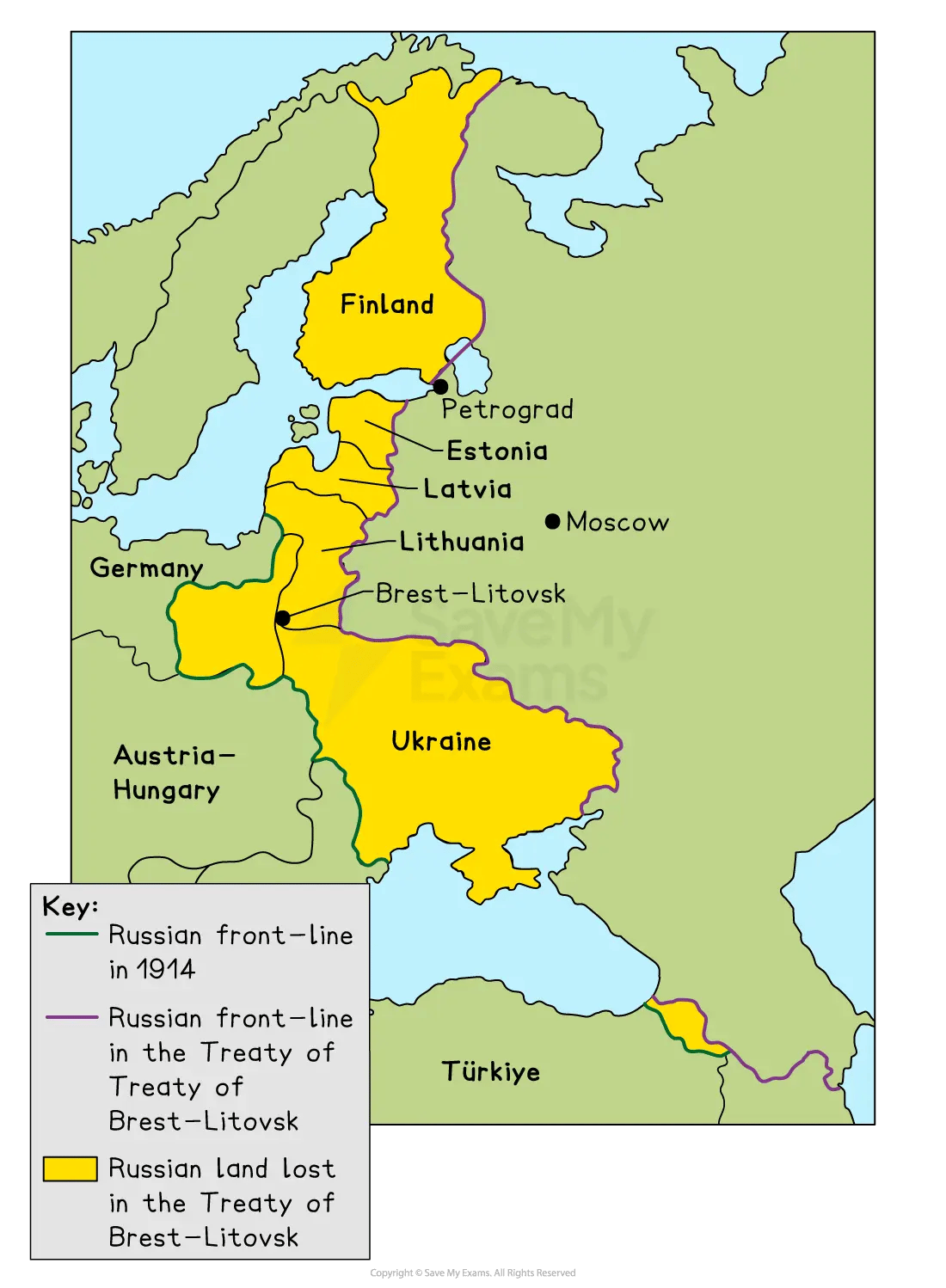 A historical map showing territorial changes from the Treaty of Brest-Litovsk. The key in the bottom left explains the colour coding: a green line represents the Russian front line in 1914, a purple line marks the Russian front line after the Treaty of Brest-Litovsk, and yellow indicates Russian land lost in the treaty. The yellow-shaded areas include Finland, Estonia, Latvia, Lithuania, Ukraine, and parts of modern-day Poland and Belarus. Major cities such as Petrograd, Moscow, and Brest-Litovsk are labelled. Surrounding countries, including Germany, Austria-Hungary, and Türkiye, are also shown.