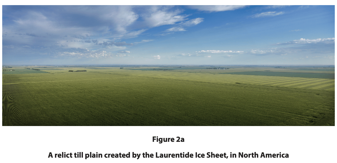 Wide aerial view of a flat relict till plain in North America, covered by large green crop fields beneath a bright blue, slightly cloudy sky