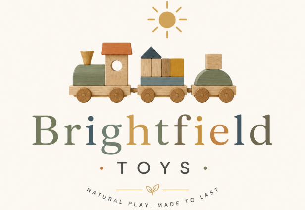 Logo for Brightfield Toys showing a wooden toy train under a sun, with the tagline “Natural play, made to last” in soft, earthy colours