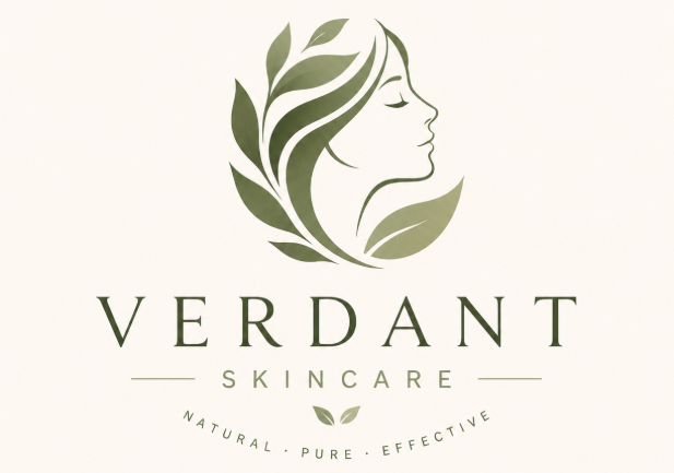 Verdant Skincare logo with a minimalist female profile formed by green leaves and the tagline “Natural • Pure • Effective” on a light background