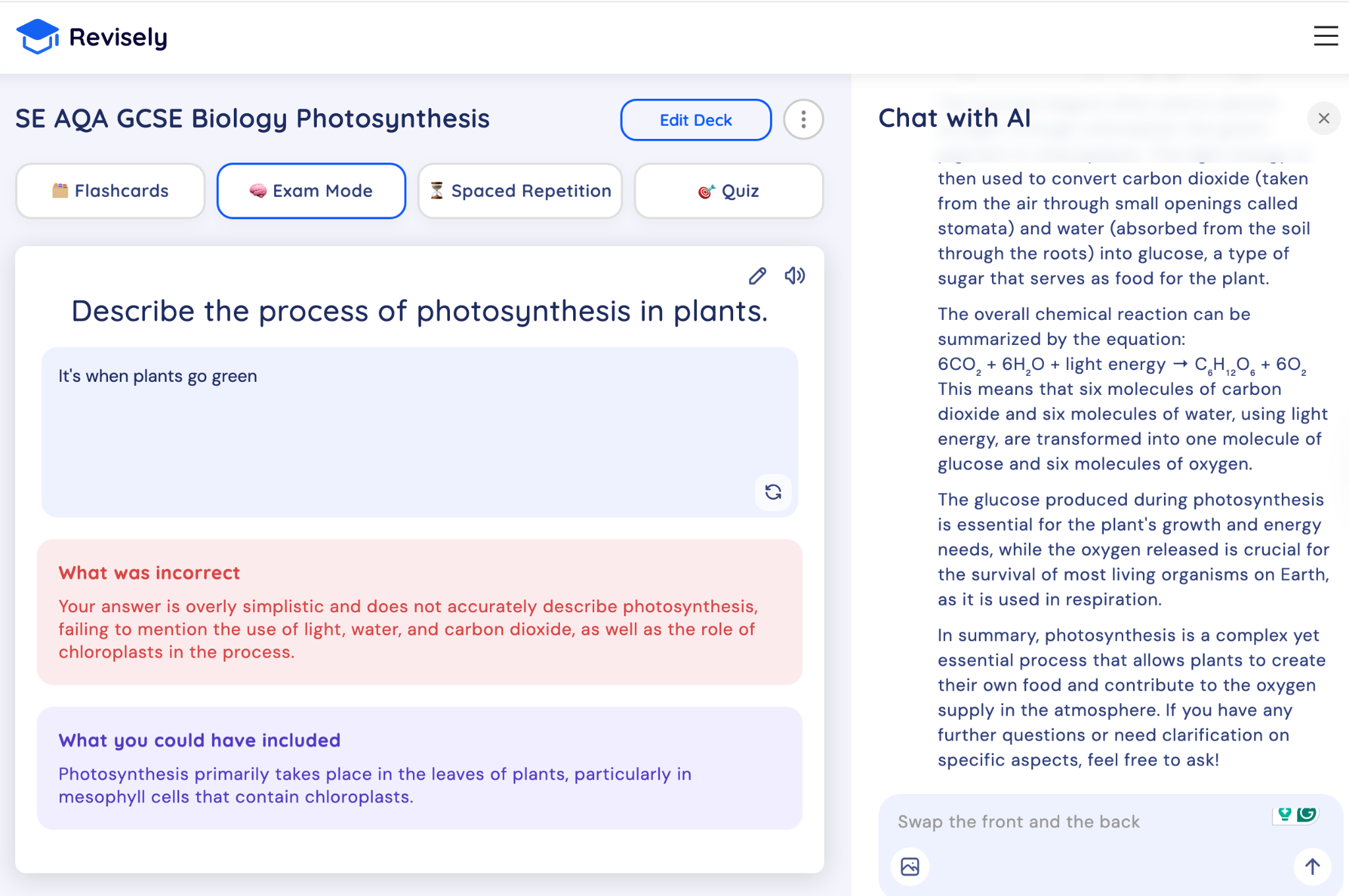 Screenshot of Revisely GCSE biology app in exam mode, showing a short student answer on photosynthesis with AI feedback and a detailed chat explanation on the right.
