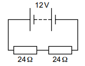 Circuit diagram showing a 12 V battery connected in series to two 24 ohm resistors, forming a simple closed loop