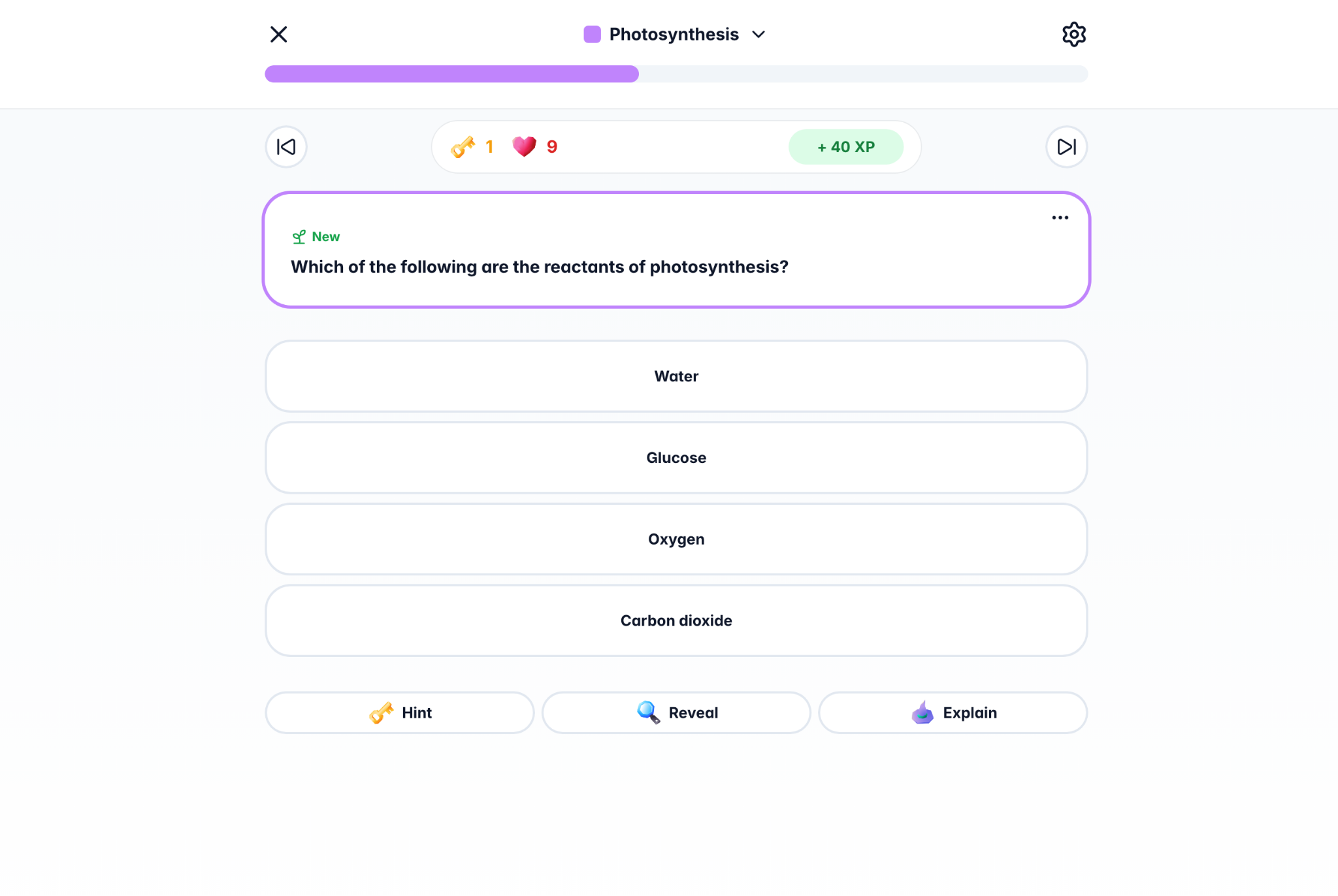 Online quiz screen showing a photosynthesis question asking for reactants, with options: water, glucose, oxygen, carbon dioxide, plus hint, reveal and explain buttons