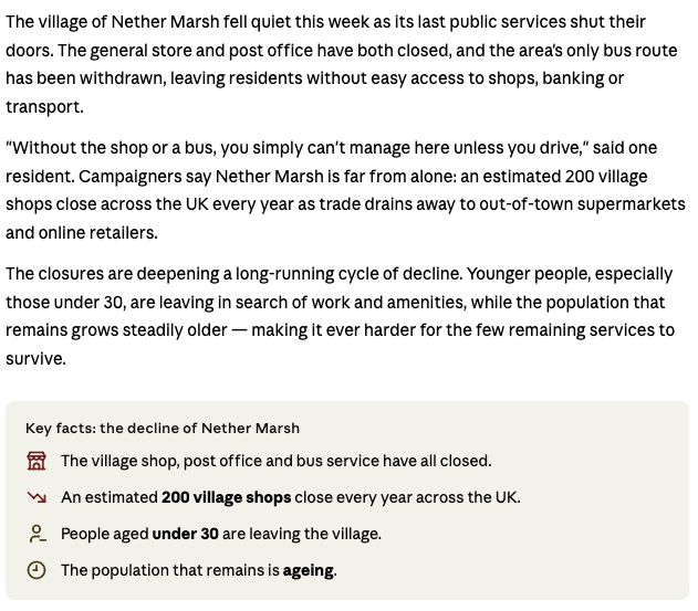Screenshot of an article on Nether Marsh’s decline, explaining loss of shop, post office and bus, youth leaving, ageing population and key facts box.