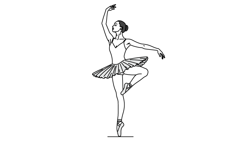 Line drawing of a ballerina in a tutu balancing en pointe on one leg, other leg raised, arms curved gracefully, head turned in a poised profile
