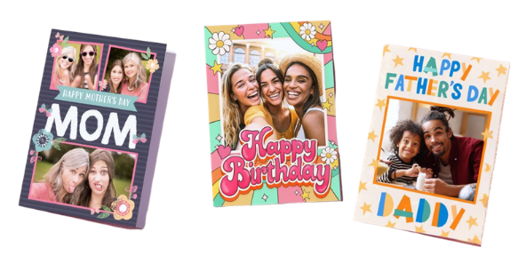 Three colourful greeting cards with family photos: a floral Happy Mother’s Day card, a bright Happy Birthday card, and a starry Happy Father’s Day card.