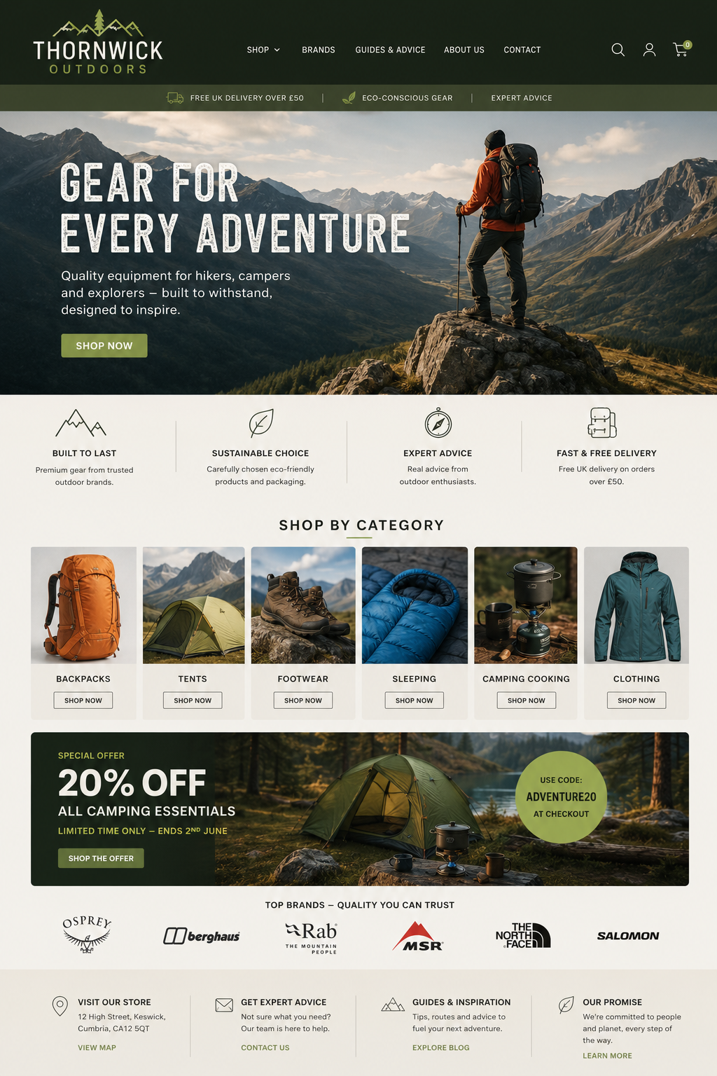 A mock up of a web page for Thornwick Outdoors, containing product range and promotional events and aspirational imagery