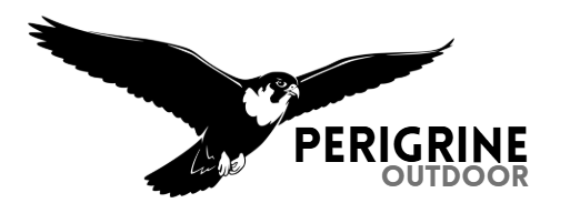 Logo of a black peregrine falcon in flight beside the brand name “PERIGRINE OUTDOOR” in bold black and grey capital letters