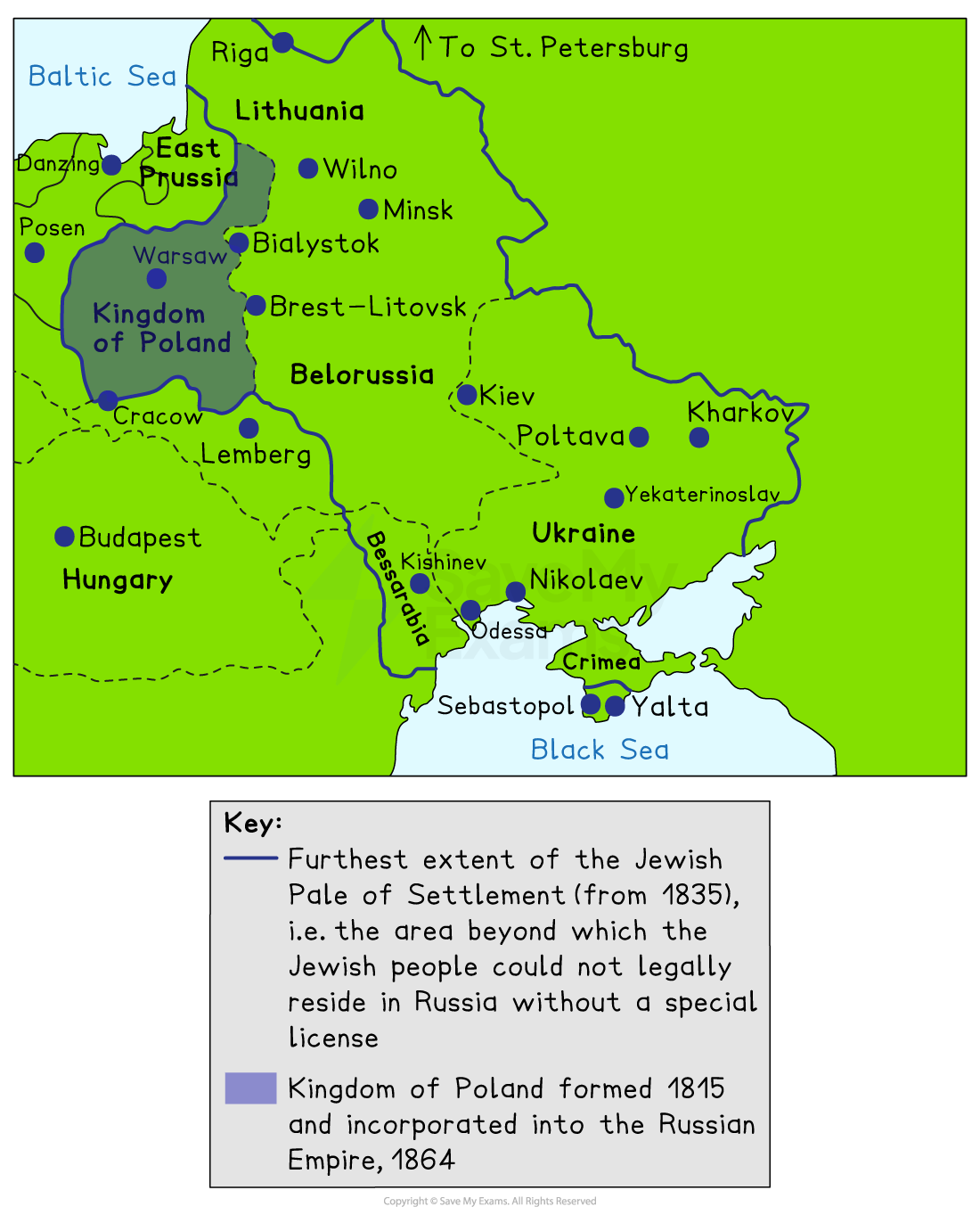 Colour map of the western Russian Empire showing the Jewish Pale of Settlement boundary and the Kingdom of Poland, with key cities and seas labelled.
