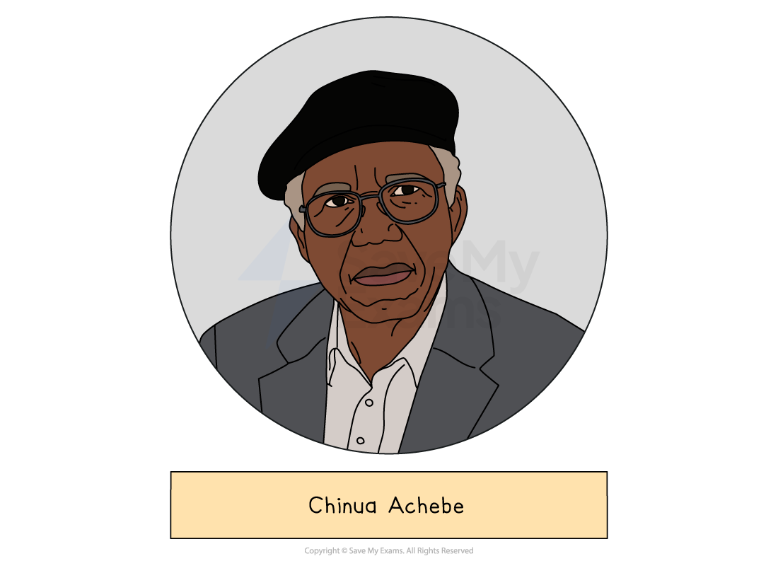 Illustrated portrait of an elderly man in glasses, black beret and grey suit, shown in a circular frame above a label reading “Chinua Achebe”.