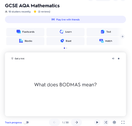 Online GCSE AQA Mathematics flashcard screen asking the question “What does BODMAS mean?” with options for flashcards, learn, test and other study modes