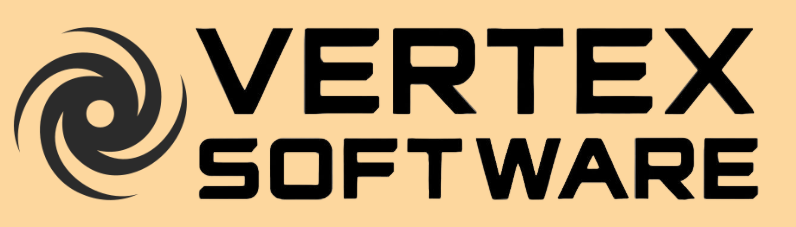 Vertex Software logo with a black spiral symbol on the left and bold black text on a pale orange background