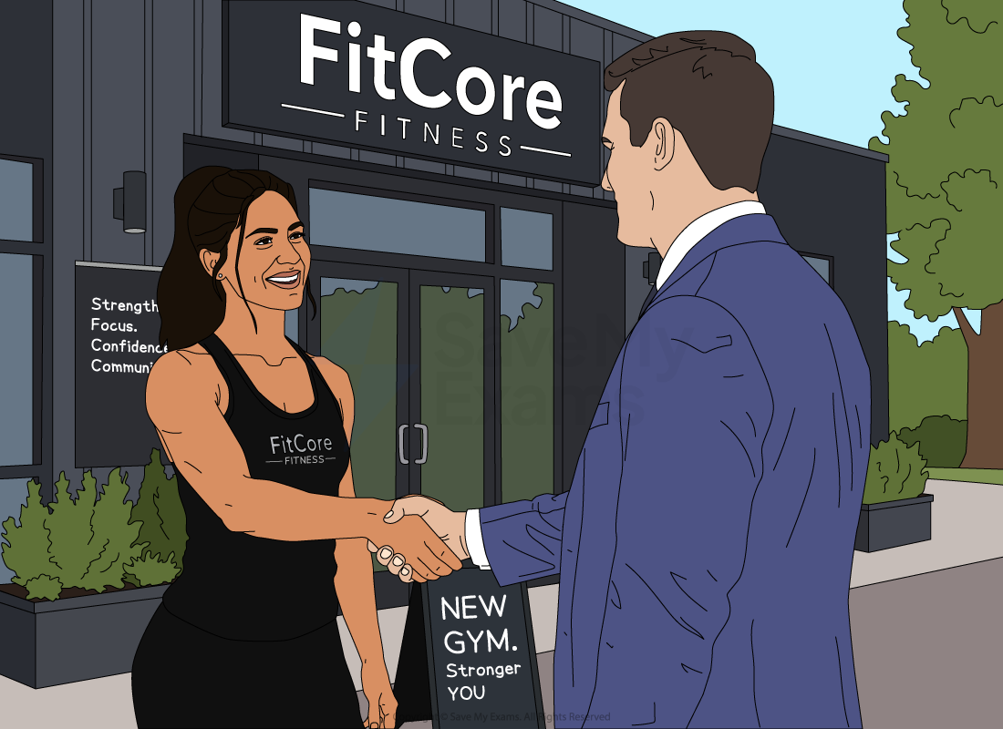 Illustration of a man in a suit shaking hands with a smiling gym trainer outside a FitCore Fitness gym with promotional signs and plants nearby