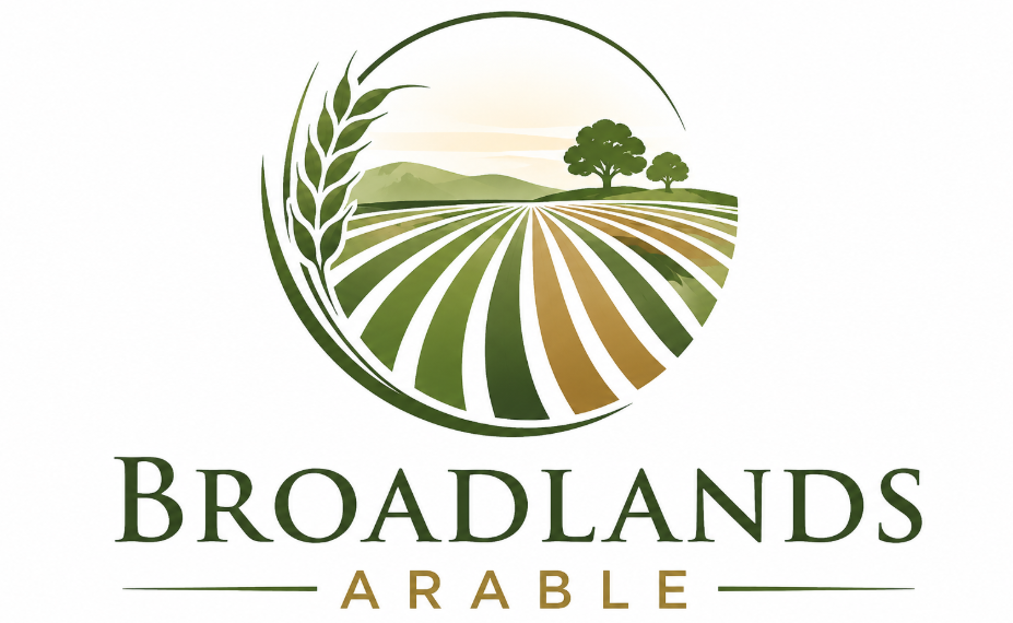 Broadlands Arable logo showing stylised arable fields, hills, trees and wheat ear in green and gold, with the company name in elegant green lettering