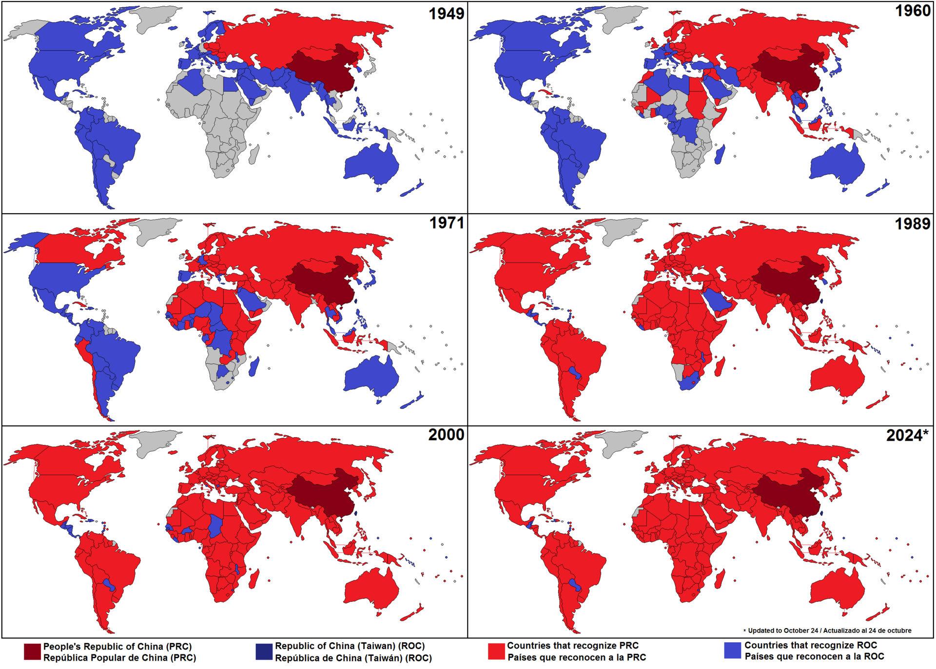Six world maps from 1949–2024 showing countries in red or blue recognising either the People’s Republic of China or Taiwan, with red steadily dominating.
