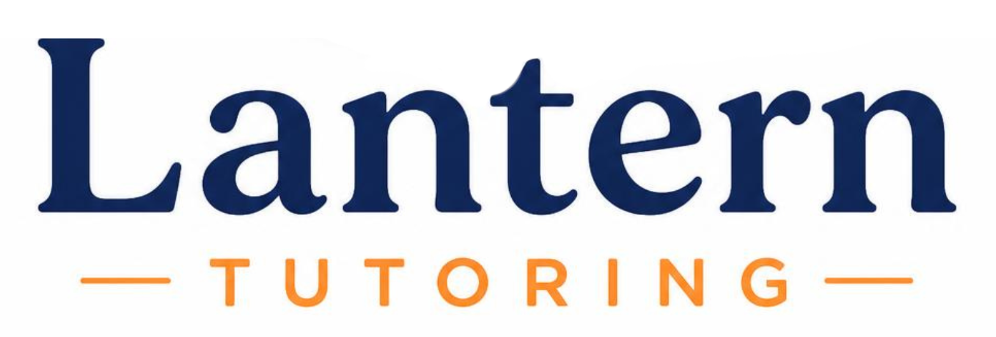 Lantern Tutoring logo with dark blue word “Lantern” above orange word “Tutoring”, separated by orange lines on a white background