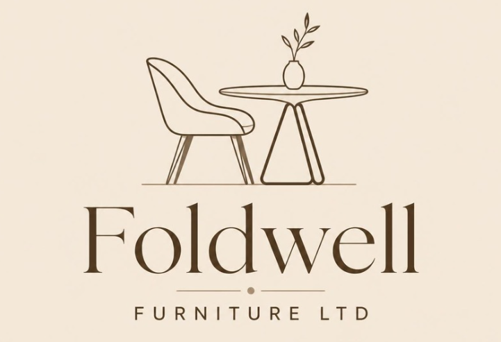 Foldwell Furniture Ltd logo featuring a minimalist chair and round table with a small vase and plant on a beige background