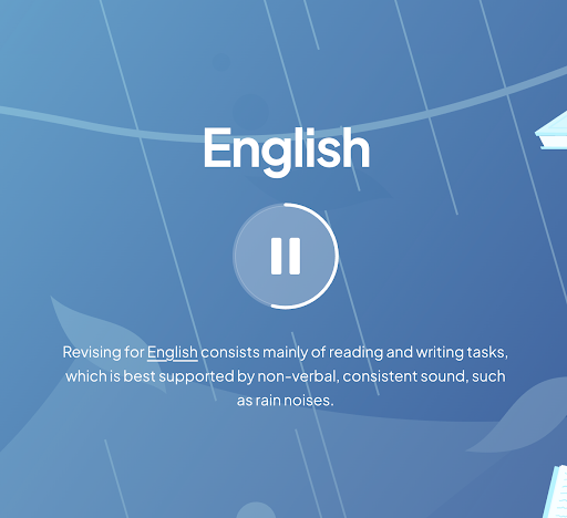 Blue English study screen with a large pause button and text advising non-verbal, consistent background sounds, such as rain, to aid reading and writing