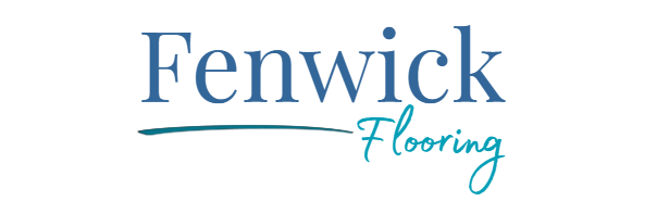 Fenwick Flooring company logo with blue serif word “Fenwick”, teal underline and teal cursive word “Flooring” on a white background