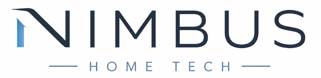 Nimbus Home Tech logo with stylised ‘N’ forming a blue house roof icon above the brand name in modern dark blue text on a white background