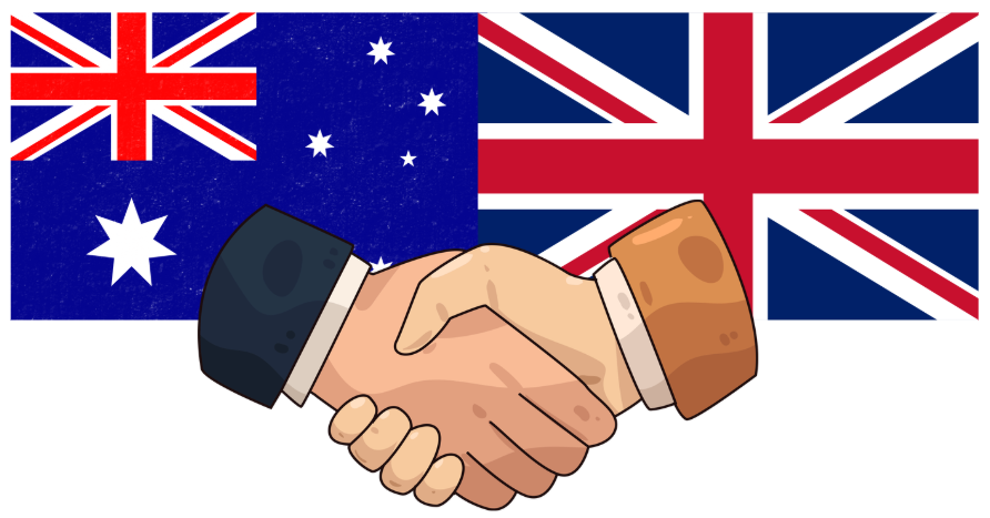 Cartoon handshake in front of overlapping Australian and British flags, symbolising cooperation or partnership between Australia and the United Kingdom