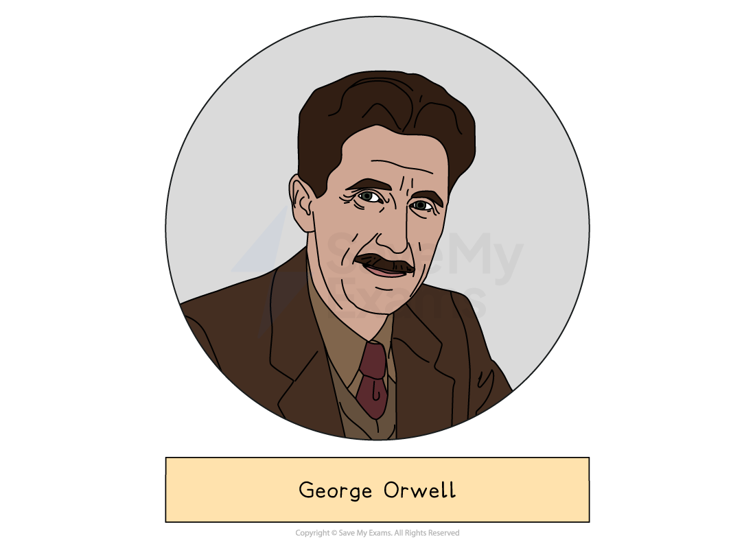 Illustrated portrait of a man with brown hair and moustache in a brown suit and tie, labelled “George Orwell” below on a cream banner.