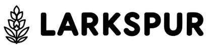 Larkspur logo with a simple black floral emblem on the left and bold uppercase text “LARKSPUR” on a white background