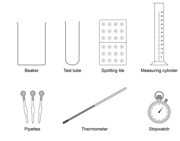 (a test tube of starch suspension with amylase added, placed in a water bath at a measured temperature; samples are removed every 30 s and tested for starch in a spotting tile with iodine)