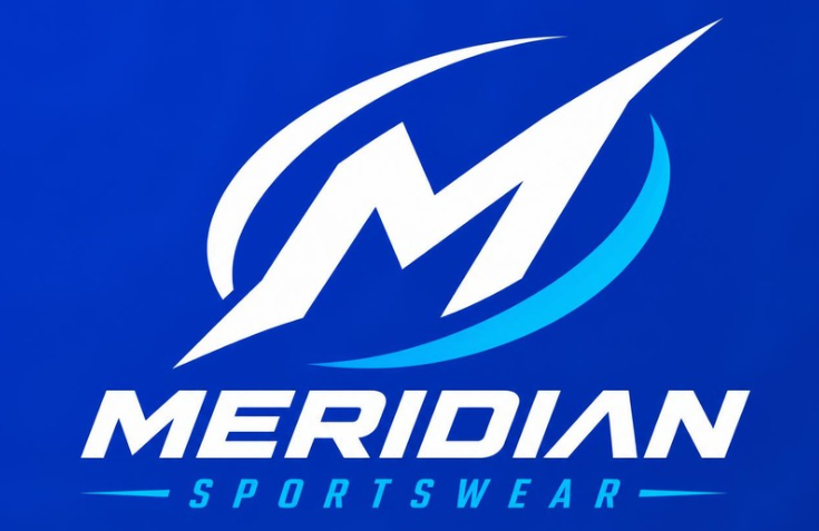 Meridian Sportswear logo with a bold white letter M encircled by dynamic blue swooshes on a bright blue background