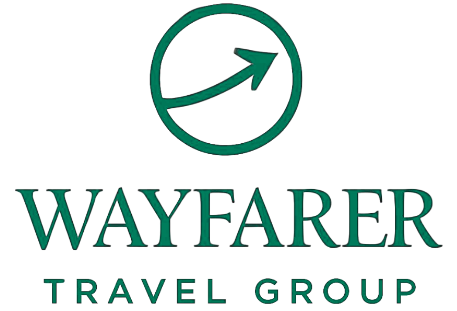 Wayfarer Travel Group logo with green upward arrow in a circle above the company name in bold serif and sans serif text on a white background