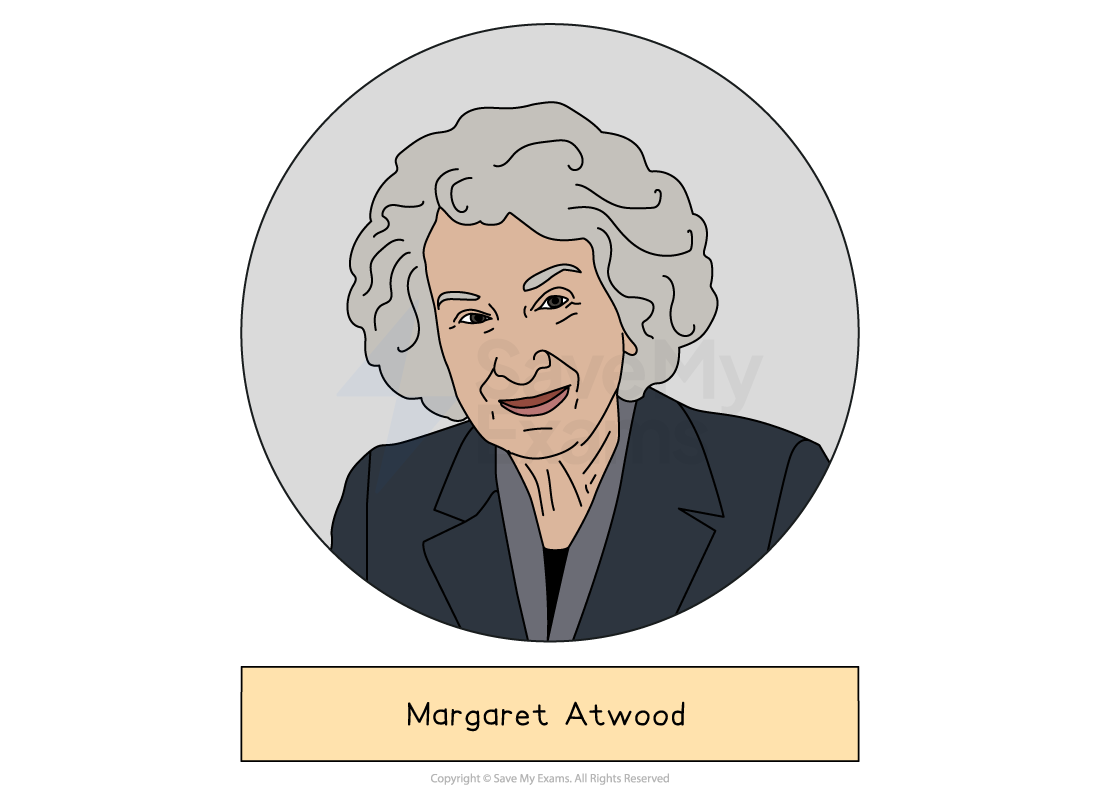 Cartoon portrait of an elderly woman with curly grey hair in a dark blazer, smiling gently, with the name Margaret Atwood written below her.