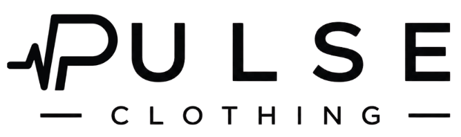 Pulse Clothing logo with stylised word ‘PULSE’ featuring a heartbeat line on the P and the word ‘CLOTHING’ below between two horizontal lines