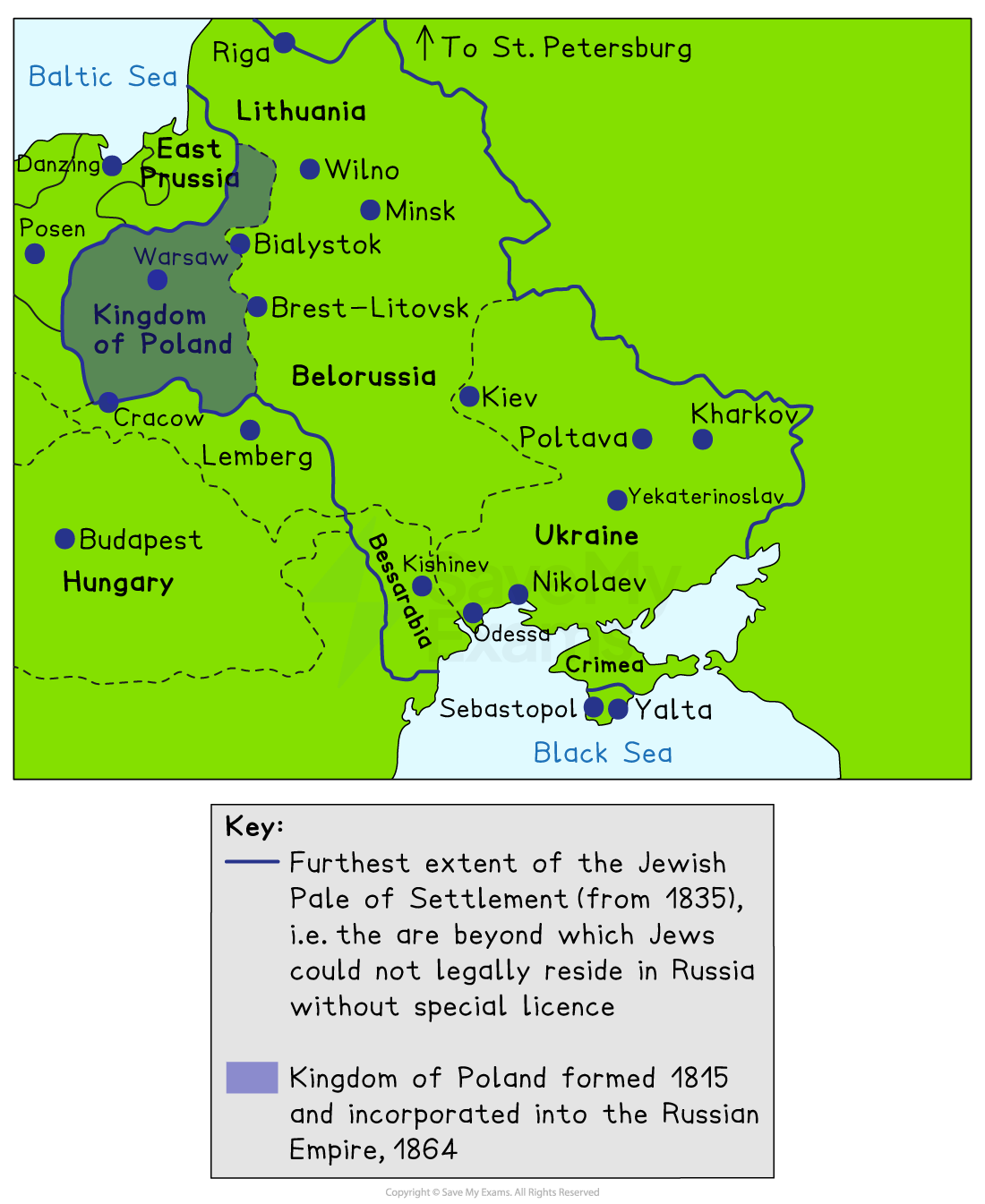 Colour map of the western Russian Empire showing the Jewish Pale of Settlement boundary and the Kingdom of Poland, with key cities and seas labelled.