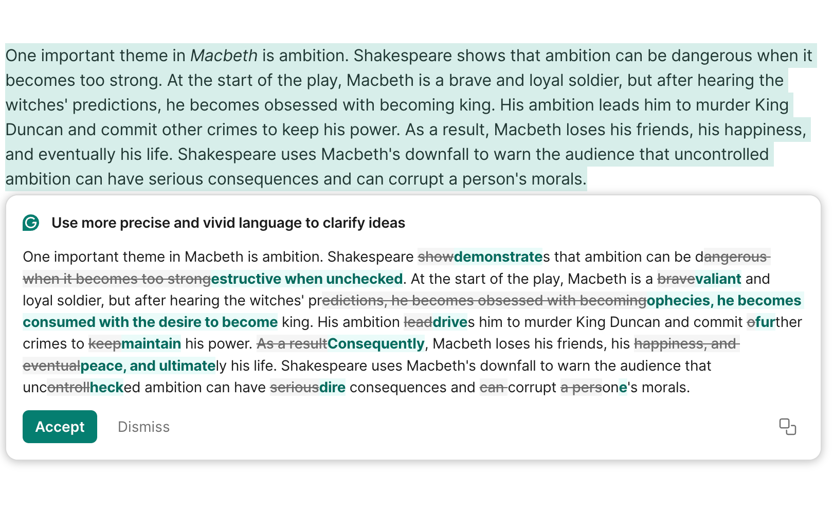 Screenshot of a Macbeth essay paragraph with Grammarly-style suggestions, showing tracked edits to make the analysis of ambition more precise and vivid.