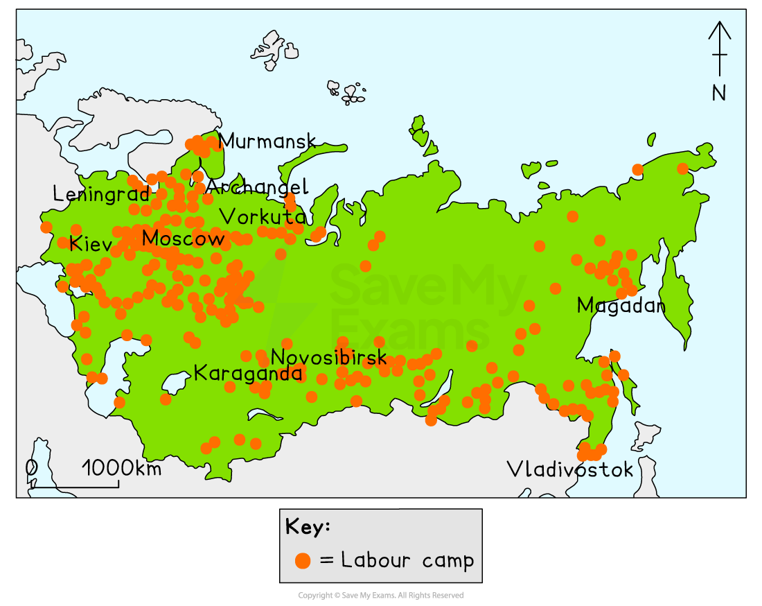 Map of the USSR showing numerous orange dots marking labour camps across the territory, with major cities such as Moscow, Kiev and Vladivostok labelled