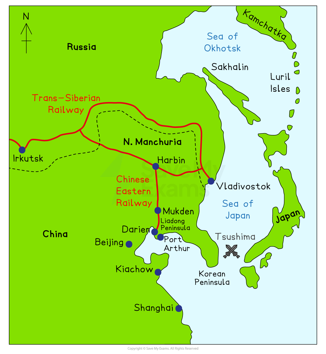Map of north-east Asia showing Russia, China, Manchuria and Japan, with Trans-Siberian and Chinese Eastern Railways linking cities such as Irkutsk and Harbin