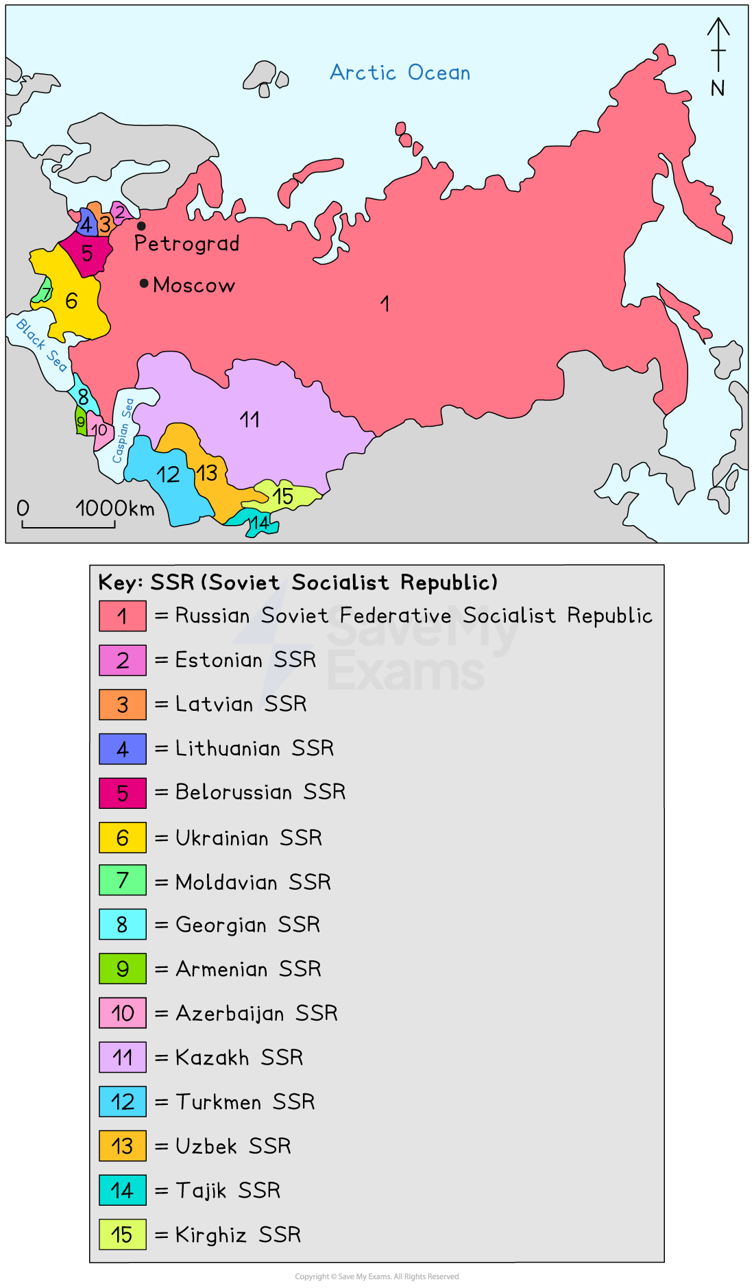 Colour-coded map of the Soviet Union showing 15 numbered Soviet Socialist Republics, with key, major seas, and cities including Moscow and Petrograd.