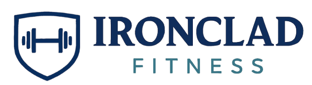Ironclad Fitness logo with a navy shield containing a barbell icon beside dark blue “IRONCLAD” text and teal “FITNESS” text underneath