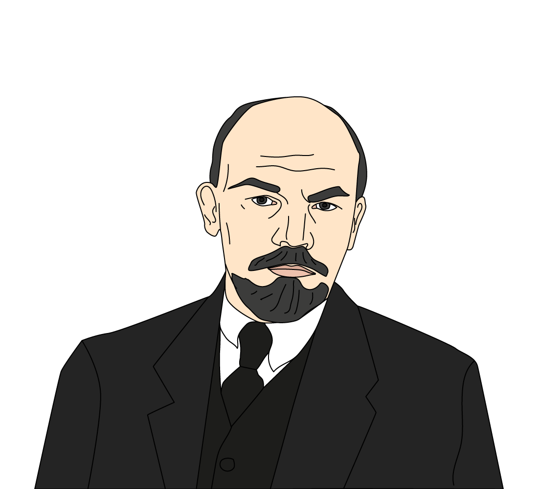 Flat vector portrait of a stern, balding man with a dark goatee, wearing a black suit, waistcoat and tie on a plain white background