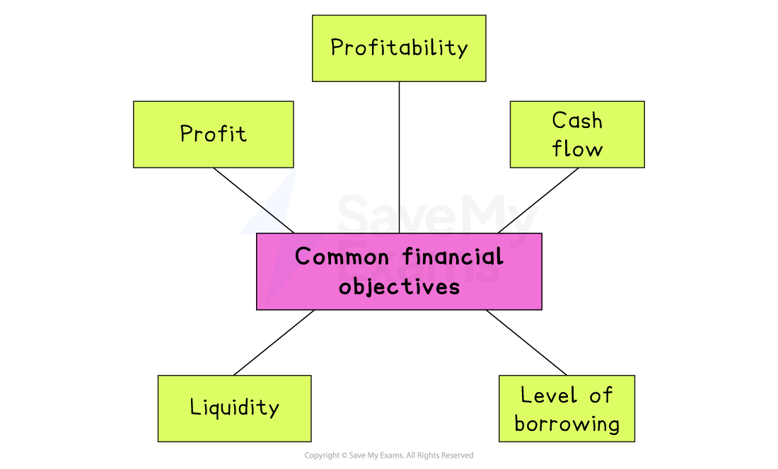 Diagram titled ‘Common financial objectives’ with arrows pointing to profit, profitability, cash flow, level of borrowing and liquidity.