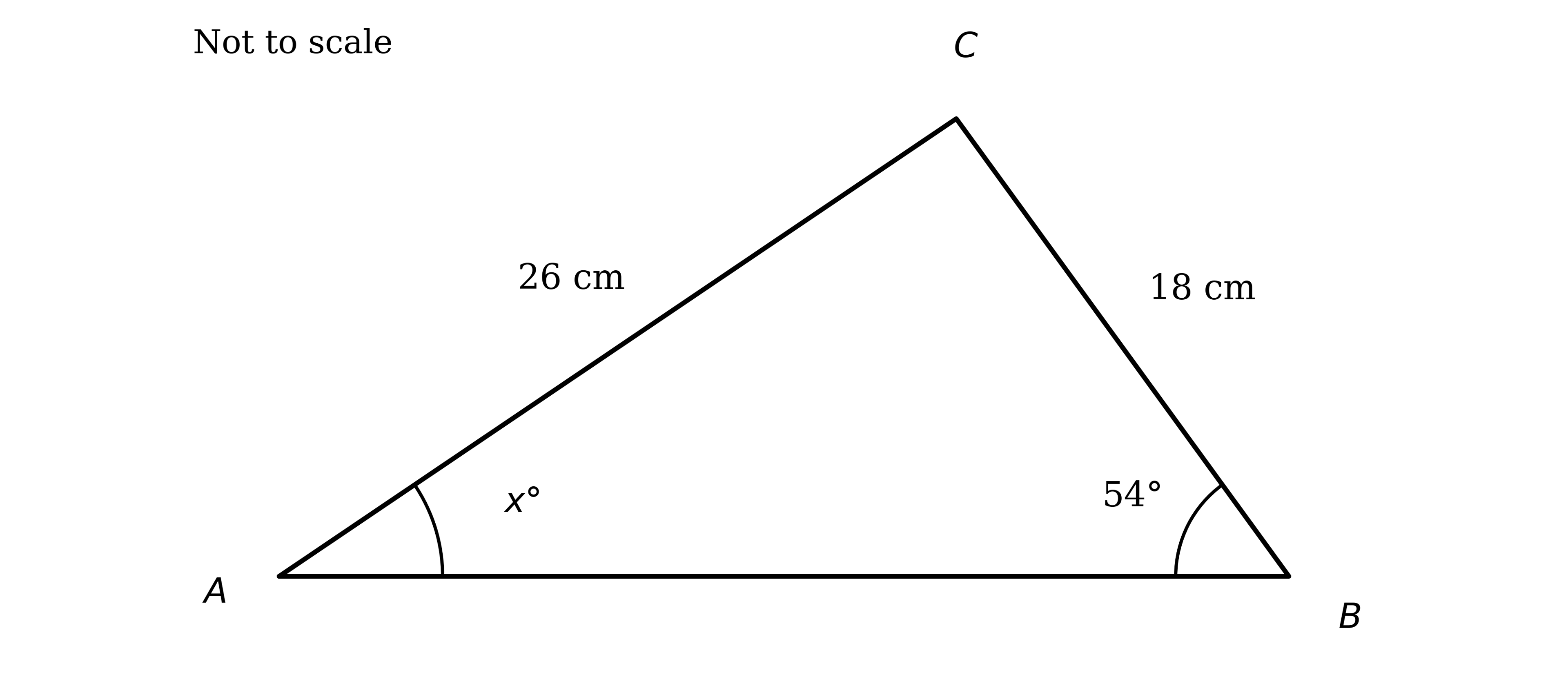 Triangle ABC with angle ABC = 54°, side AC = 26 cm opposite that angle, side BC = 18 cm, and the acute angle BAC labelled x°.