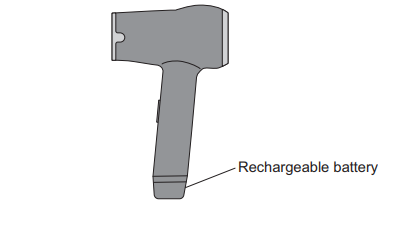 Diagram of a handheld device with a vertical grip, highlighting the lower section of the handle labelled as the rechargeable battery