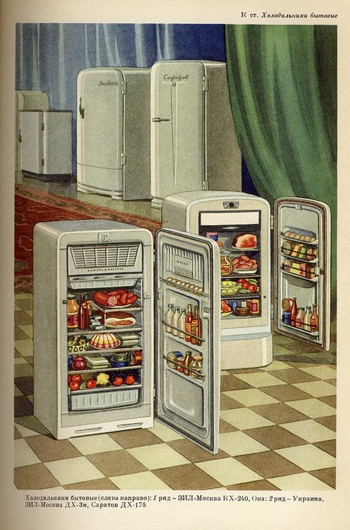 Vintage Soviet advert showing several white 1950s fridges on a tiled floor, two open to reveal neatly arranged food, drinks and desserts inside