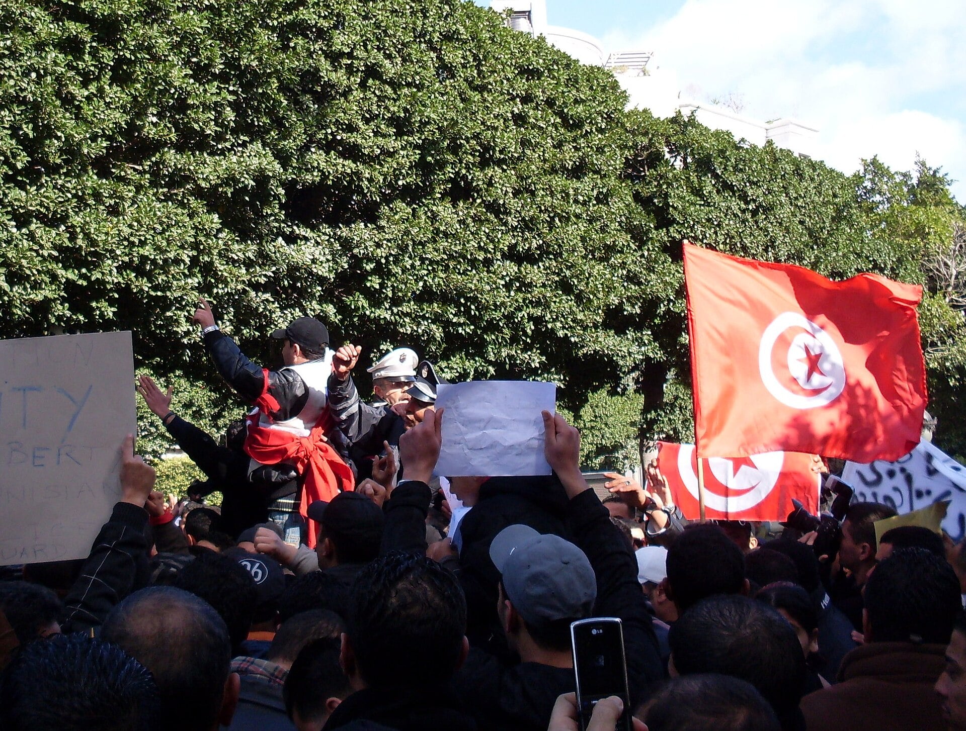 Crowd of protesters holding signs and Tunisian flags in a street demonstration, with raised fists and banners against a backdrop of dense green trees.