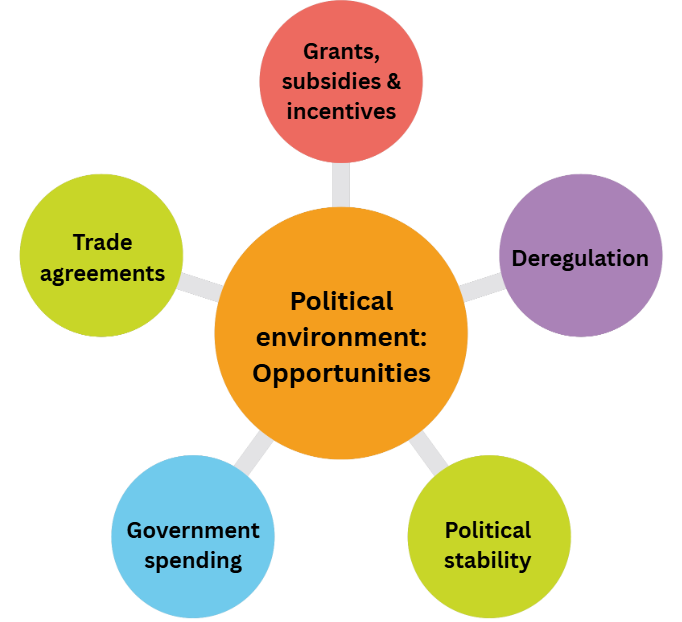 Diagram of political environment opportunities: central circle linked to grants, deregulation, political stability, government spending and trade agreements.