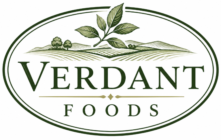 Verdant Foods logo in an oval frame, with green fields, hills and leaves above the brand name in elegant dark green lettering