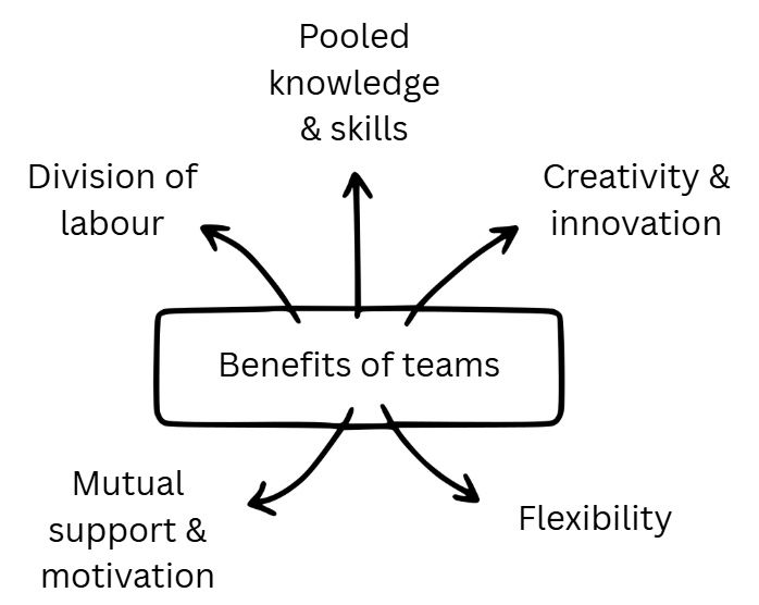 Diagram titled “Benefits of teams” with arrows to pooled knowledge and skills, division of labour, mutual support and motivation, flexibility, creativity and innovation