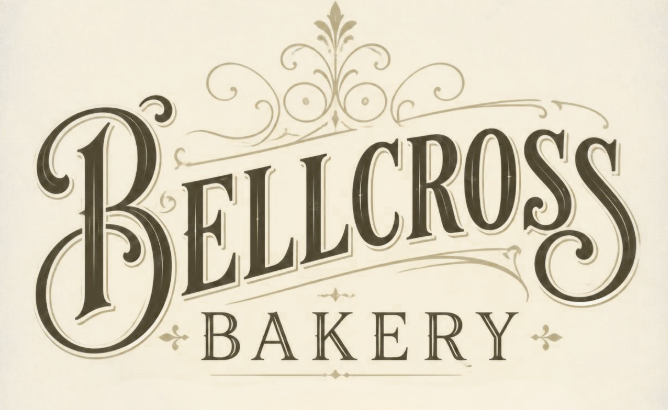 Vintage-style Bellcross Bakery logo with ornate swirls, large decorative “B” and classic serif lettering on a cream background
