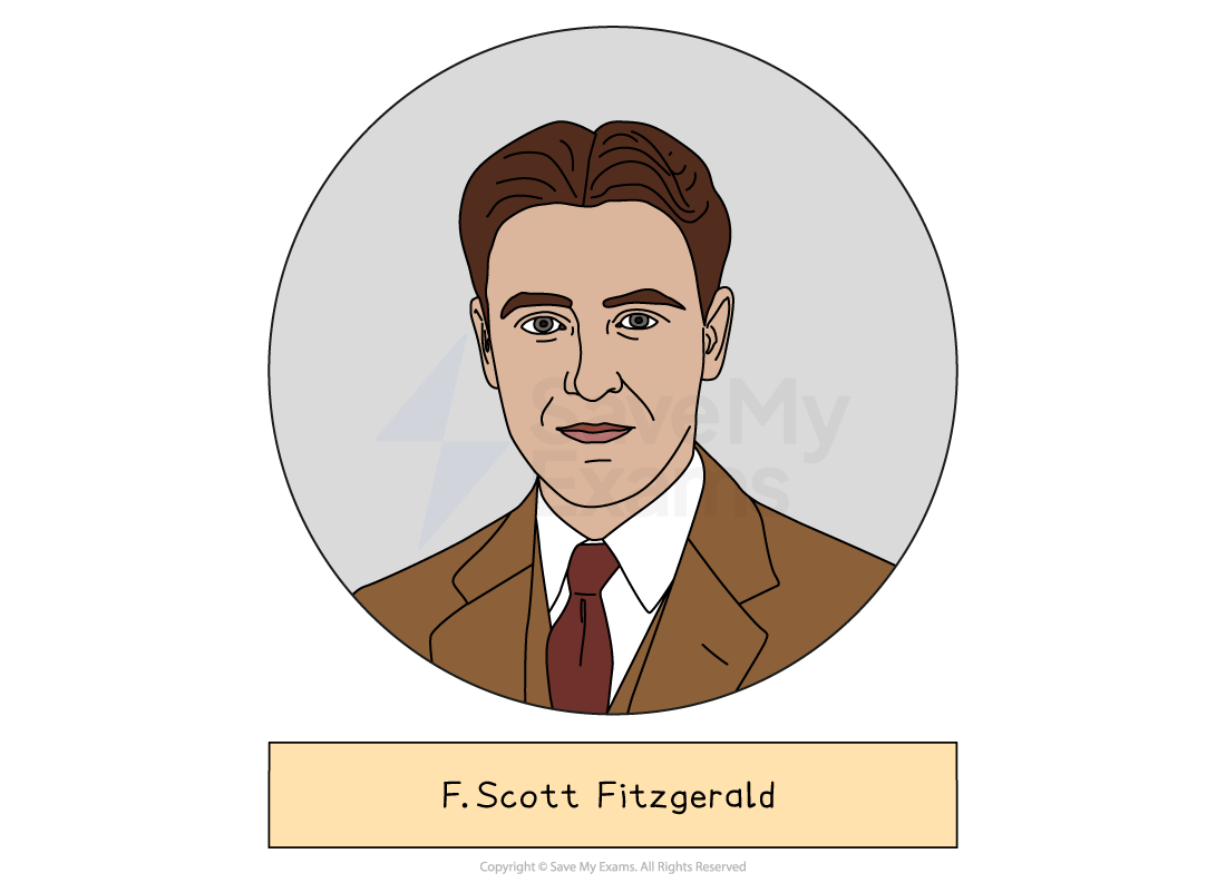 Cartoon portrait of a smartly dressed man in brown suit and red tie on a grey circle, captioned with the name F. Scott Fitzgerald