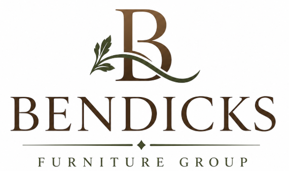 Bendicks Furniture Group logo with large stylised letter B, green leaf motif and elegant brown serif text on a white background